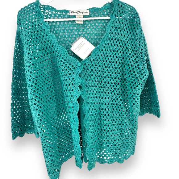 Norm Thompson Sweaters - NWT Norm Thompson Linen Blend Crochet Open Cardigan Teal Women's Size XL NWT